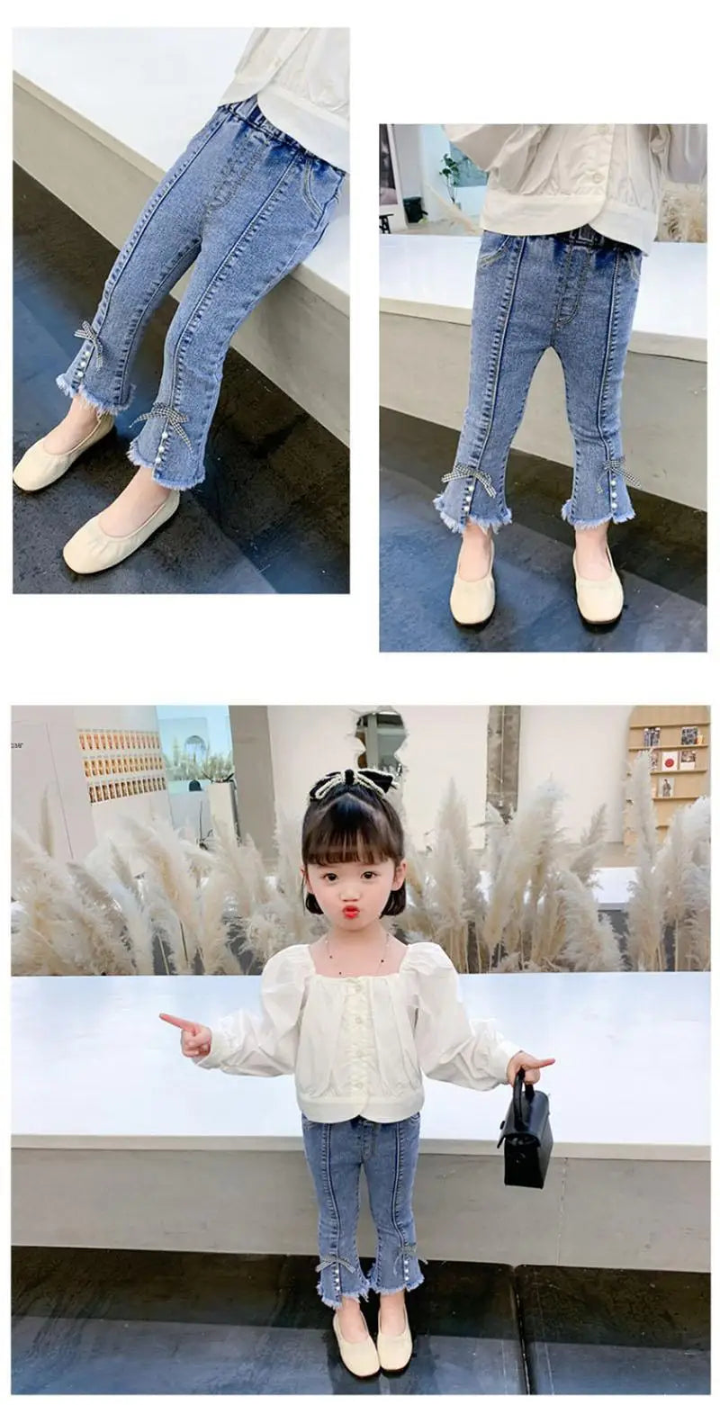 New Spring Kids Jeans Children Cute Bow Lace Denim Blue Pants Girls Embroidered Daisy Trousers