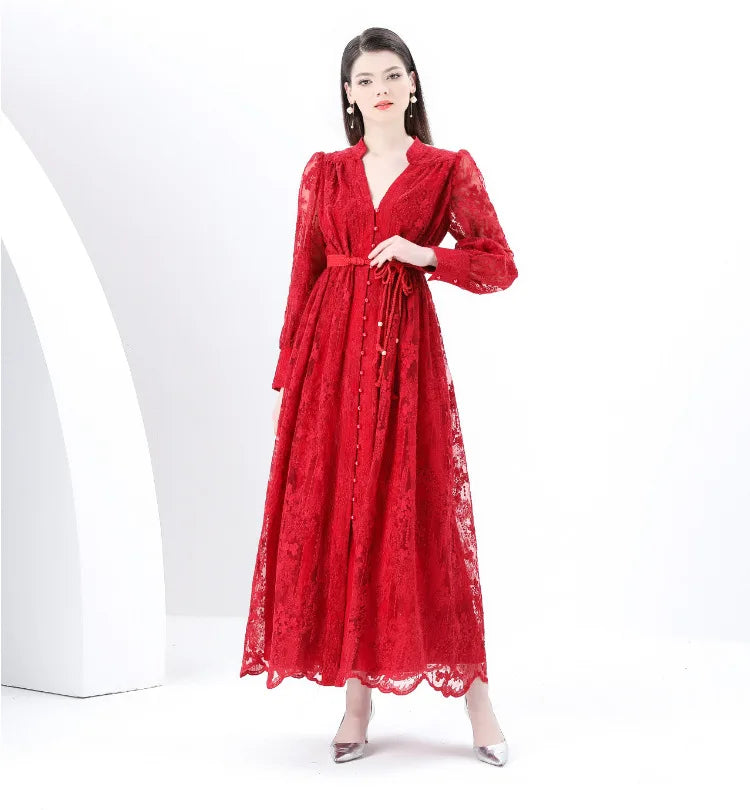 Luxury High-end Women Clothing Dress Spring Fitted Waist Embroidery V-neck Bell Sleeves Long Sleeves Single-breasted Long Dress
