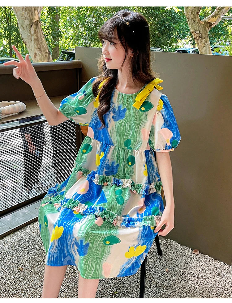 Summer Dress Girl Korean Style Sweet Floral Print Casual Kids Ruched Dresses Toddler Girls Clothes 4 5 6 7 8 9 10 12 14 Year Old