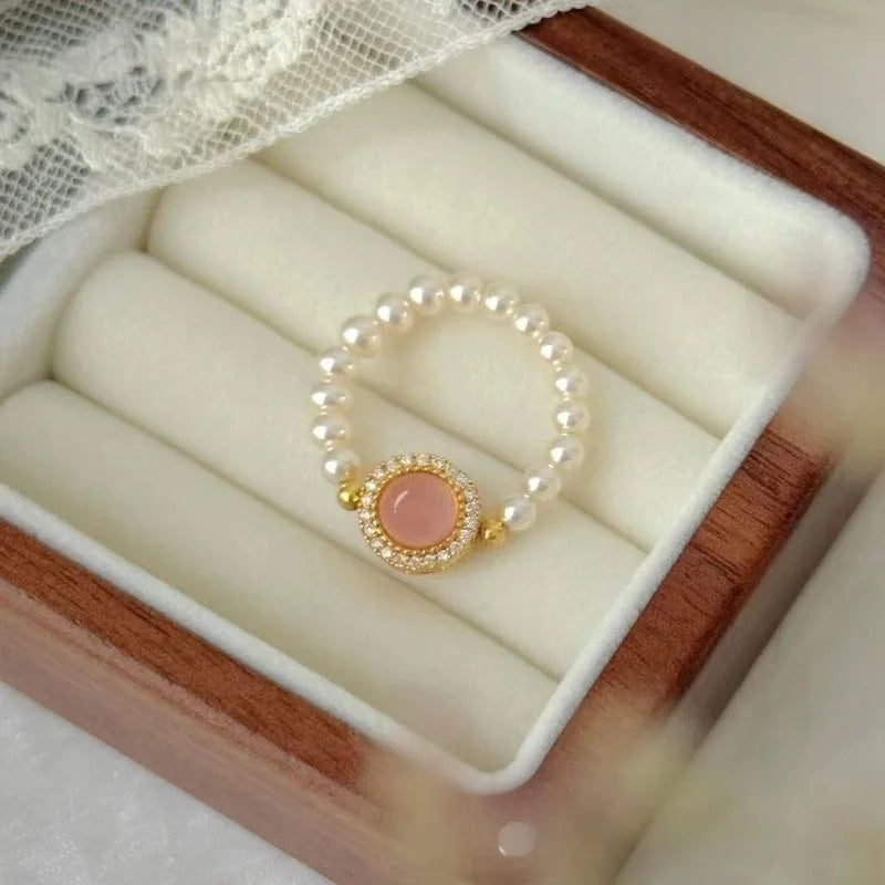 Charm Pearl Jewelry Sets for Women Fashion Temperament Pink Blossom Powder Zircon Pendant Necklace Ring Earrings Wedding Gifts