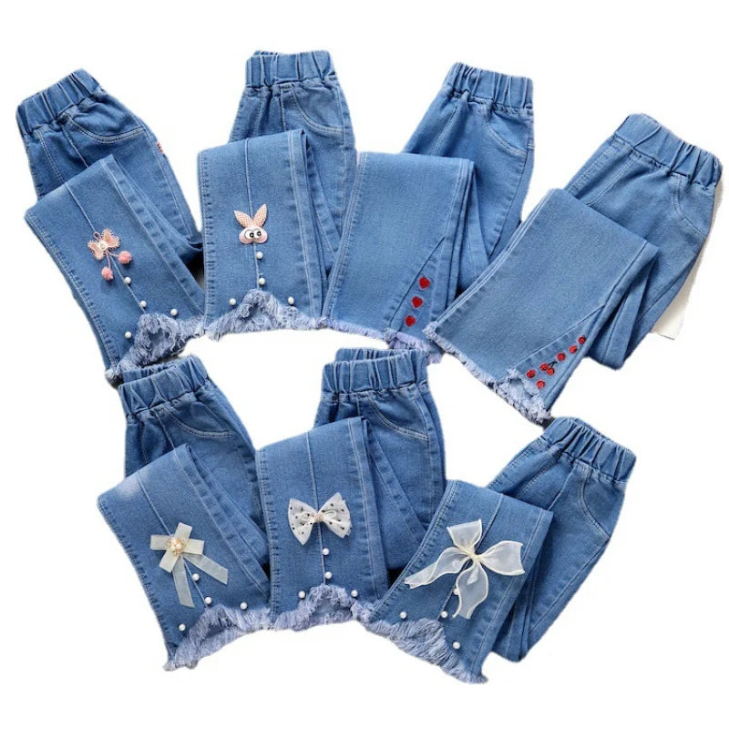 Girls Blue Jeans for Children's Fashion Clothing Princess Kids Denim Wide-leg Pants Baby Teens Girl Flared Bow Applique Trousers