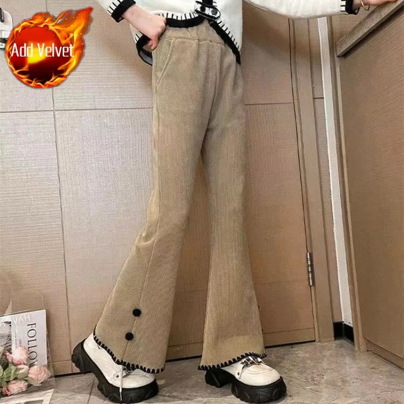 Girl's Autumn Winter New Mid-Weight Flared Jeans with Integrated Fleece-Lining, Stylish Casual Pants for Tween Girls