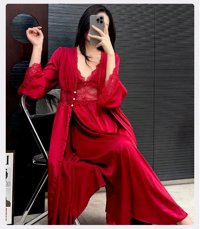 Burgundy Satin Long 2PCS Robe Nightgown Set Spring Summer Women Sleepwear Bathrobe Sexy Lace Nightgown Loose Homewear Loungewear
