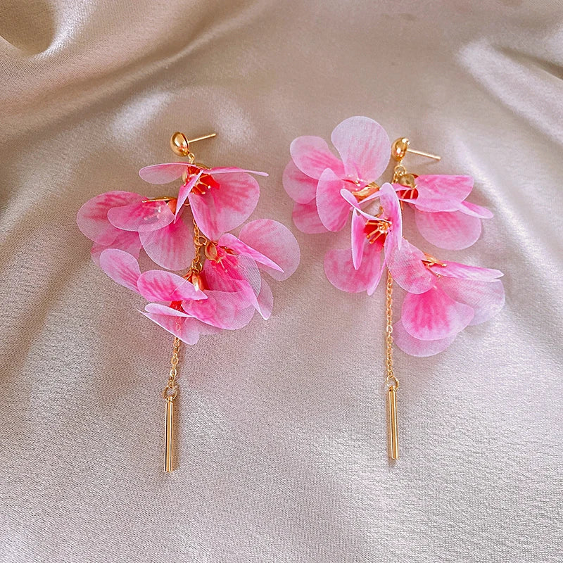 Pink Flowers Mesh Long Tassel Earrings For Women Sweet Temperament Crystal Drop Dangle Earring Party Wedding Jewelry Wholesale