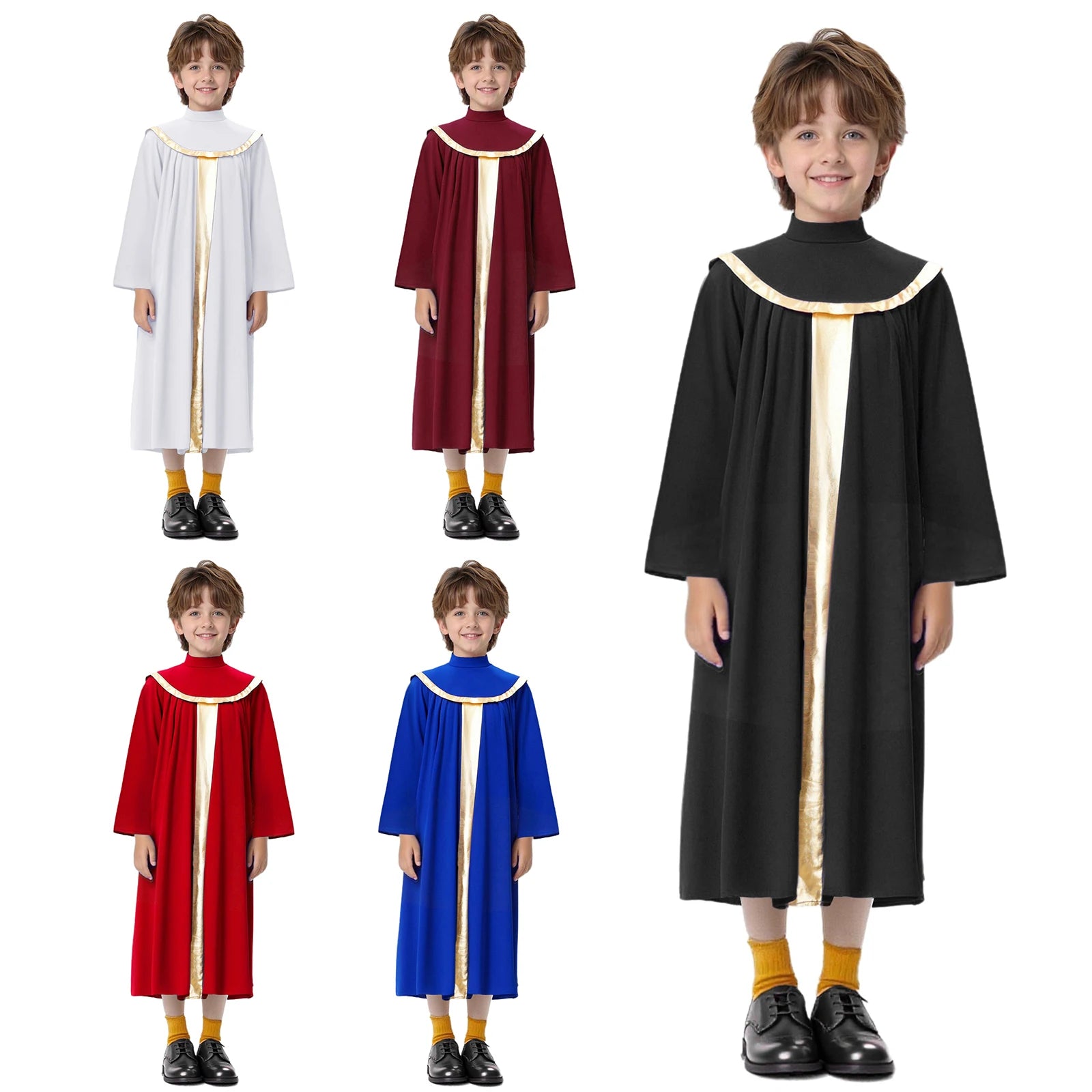 Kids Boys Girls Choir Robe Dress Worship Praise Dance Costume Long Sleeve Metallic Color Block Patchwork Pleated Ceremony Grown