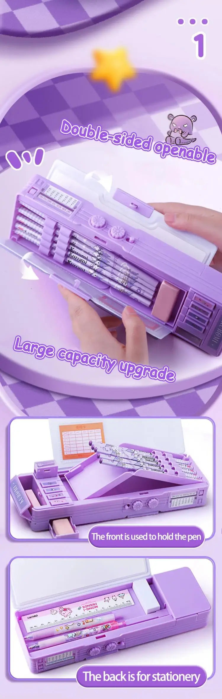 Sanrio Multifunction Stationery Box Kuromi Melody Cinnamoroll Bilayer Coded Lock Pencil Box Large Capacity Students Supply Gift