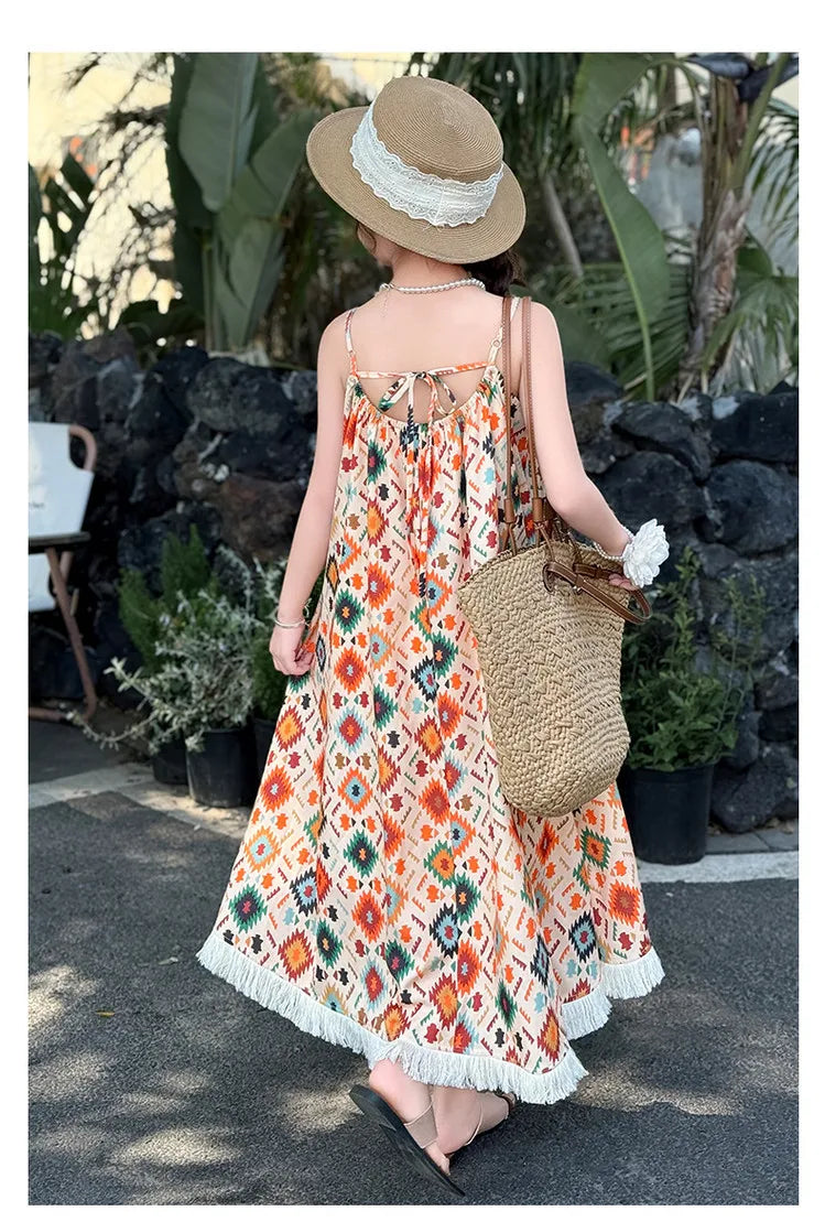 Girls' Summer Dress 2025 New Design for Children, Girls' Beach Bohemian Princess Dress for Older Kids.