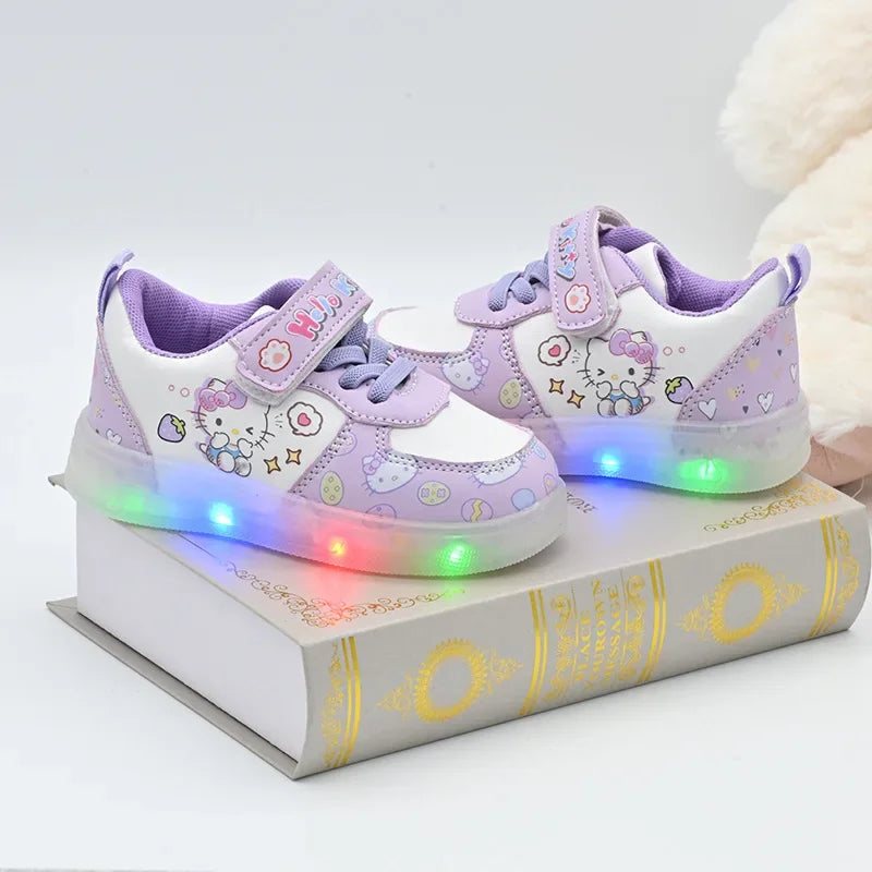 Children's Led Light Shoes Fashion Hello Kitty Girls Sneakers Cute Cartton Casual Shoes Breathable Kids Sport Shoes Gift