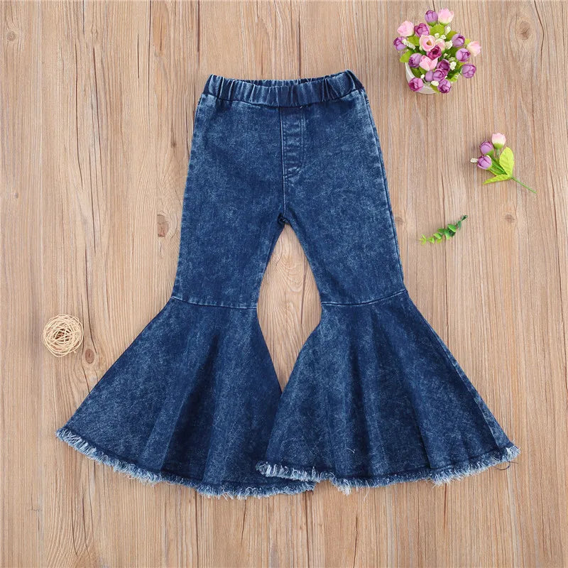 2-7Years Kids Girl Flared Jeans Blue Bell-Bottom High-Waist Basic Denim Pants Spring Fall Jeans For Girls