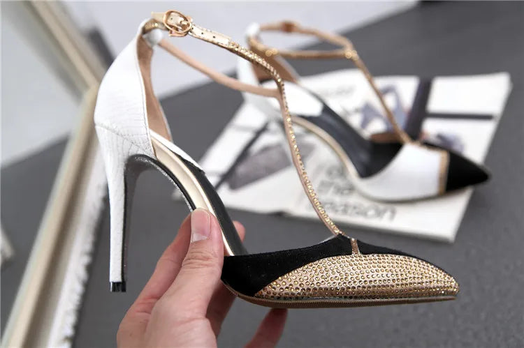 Spring and summer pointed toe hollow patent leather shoes thin high-heeled banquet dress large size small size women's sandals