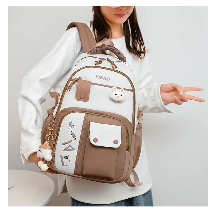 New cute rabbit children school backpack Fashionable splicing color contrast fresh lady knapsack kids schoolbags bring a doll