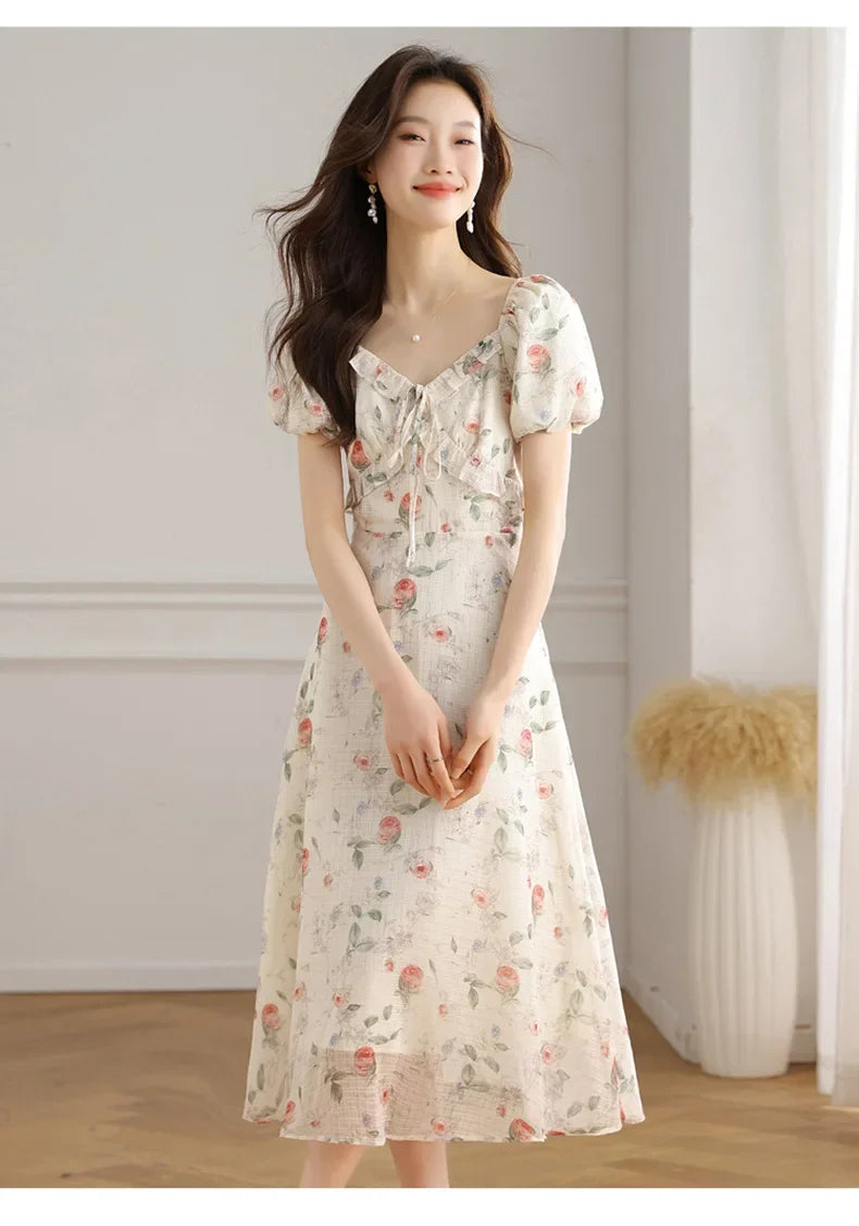 Elegant Summer Dress with Bubble Sleeves And Bellflower Pattern Slimming Empire Waist Knee-Length Polyester Fiber Short Sleeve