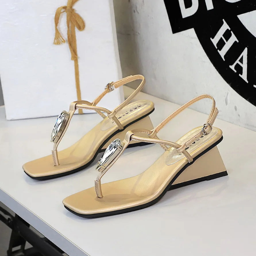Wedge Heel with Herringbone Sandals Women's Rhinestone Thin Strap Toe Women's High Heels