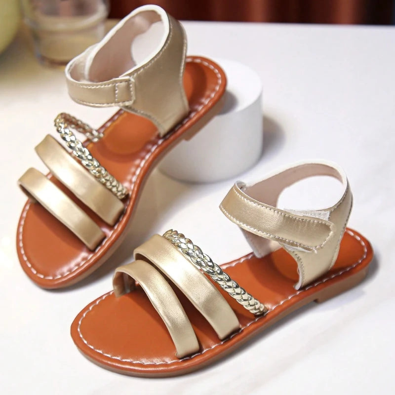 Sandals for Children 2025 Cute Boys Girls Shoes Soft Thick Soles Handwoven Children's Sandals Black Pink Gold White