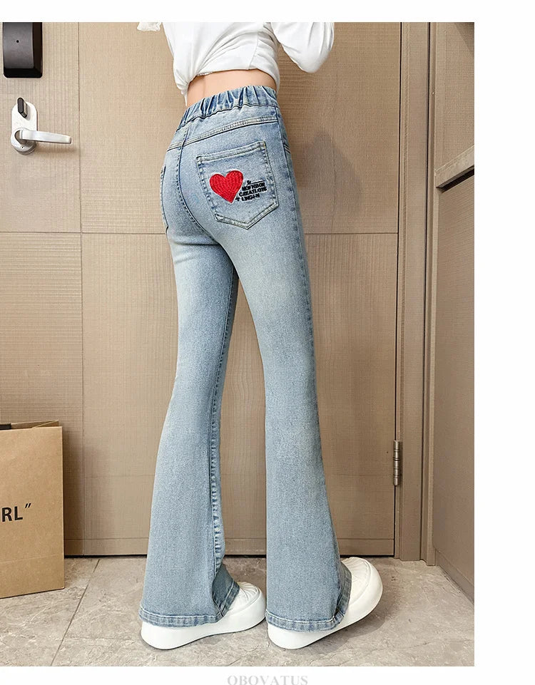 Child Slim Close-fitting Heart Pattern Flared Jeans For Girls Elegant Boot Cut Denim Leggings Pants Kids Fashion Jeans Trousers
