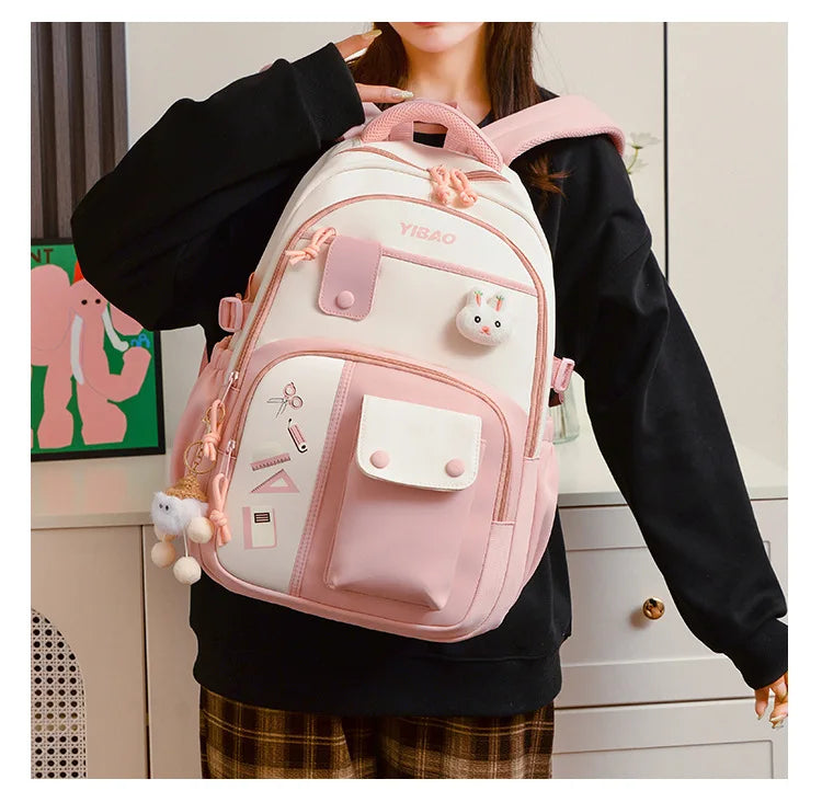 New cute rabbit children school backpack Fashionable splicing color contrast fresh lady knapsack kids schoolbags bring a doll