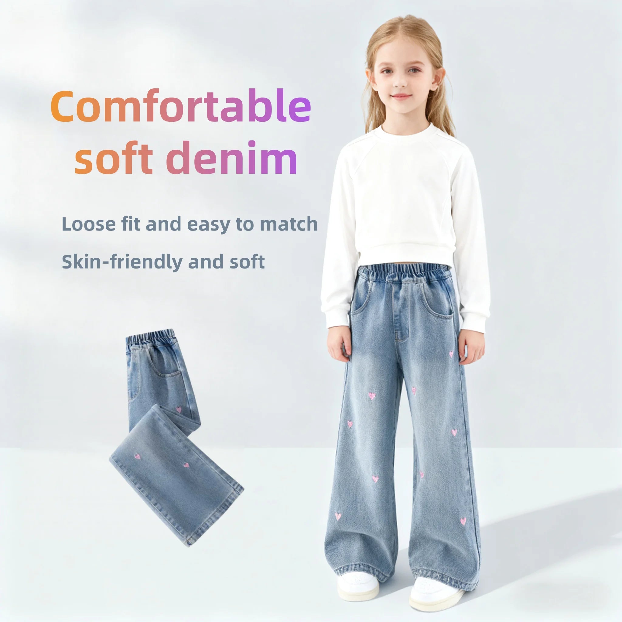 Girls Bootcut Jeans Kids Straight Denim Pants With Heart Embroidery Decoration Children Spring Autumn Stylish Durable Trousers
