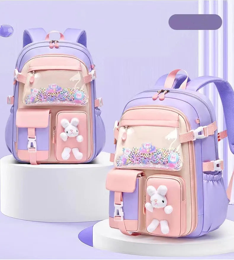 Lovely Rabbit Backpack for Teen Girls Cute Cartoon Schoolbag for Elementary School Girls 2 Size Travel Backpack for Grade 1-9
