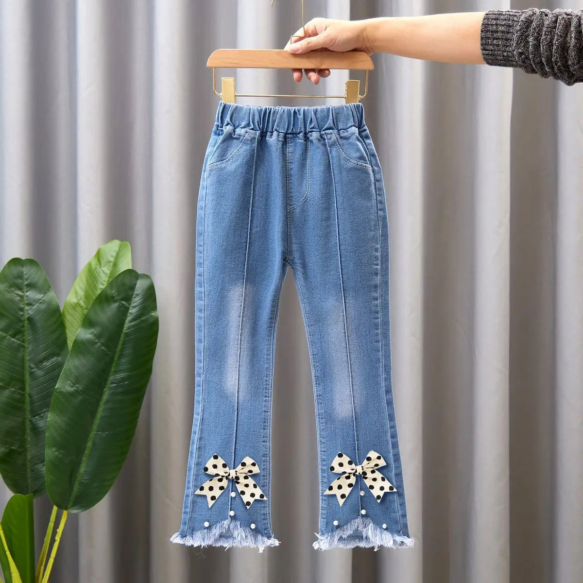 Girls Blue Jeans for Children's Fashion Clothing Princess Kids Denim Wide-leg Pants Baby Teens Girl Flared Bow Applique Trousers