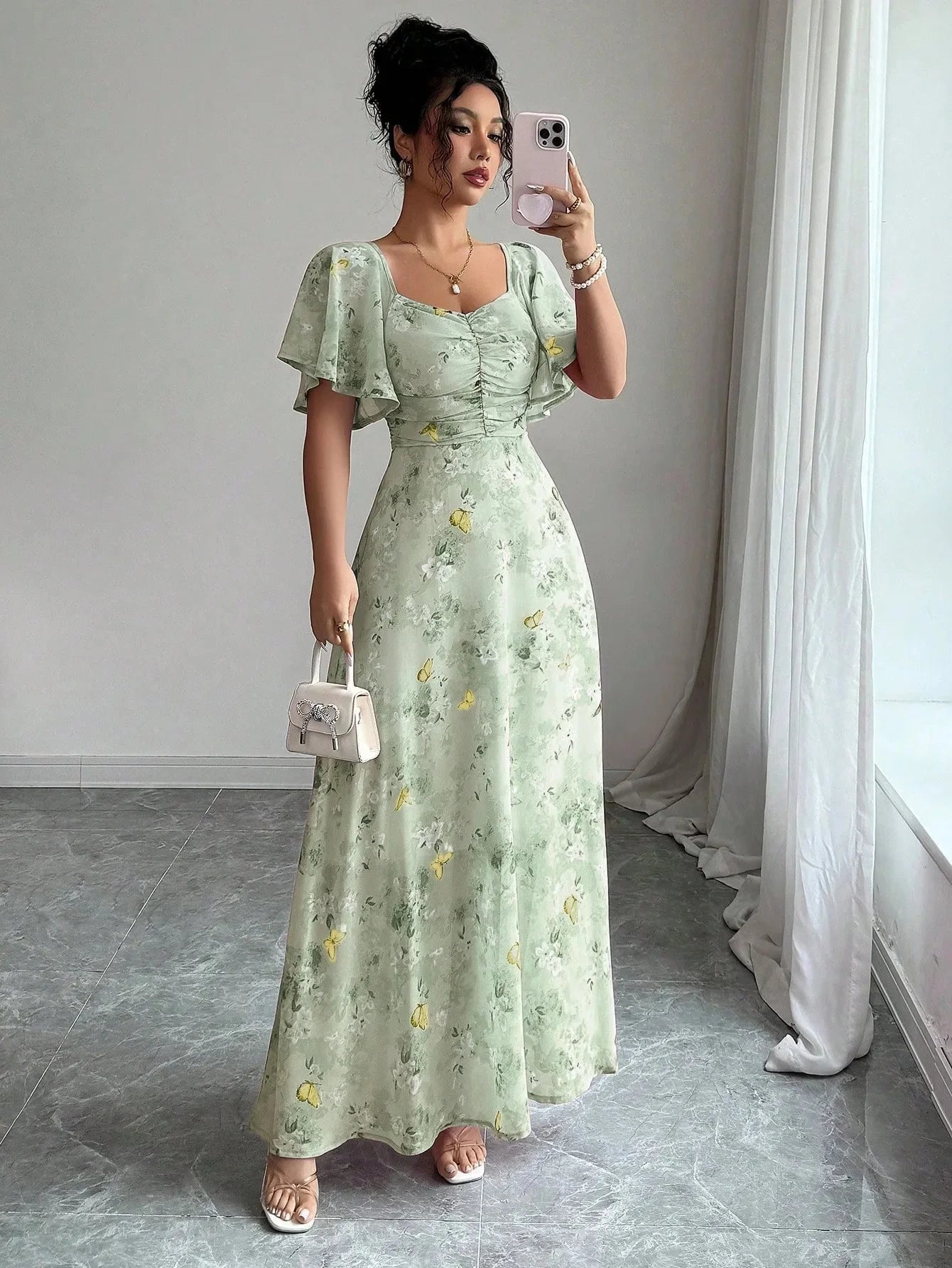 Fashionable Long Floral Print Dress Women's New Summer Slimming Age-Defying Dress Empire Waist Bubble Sleeve Knee-Length