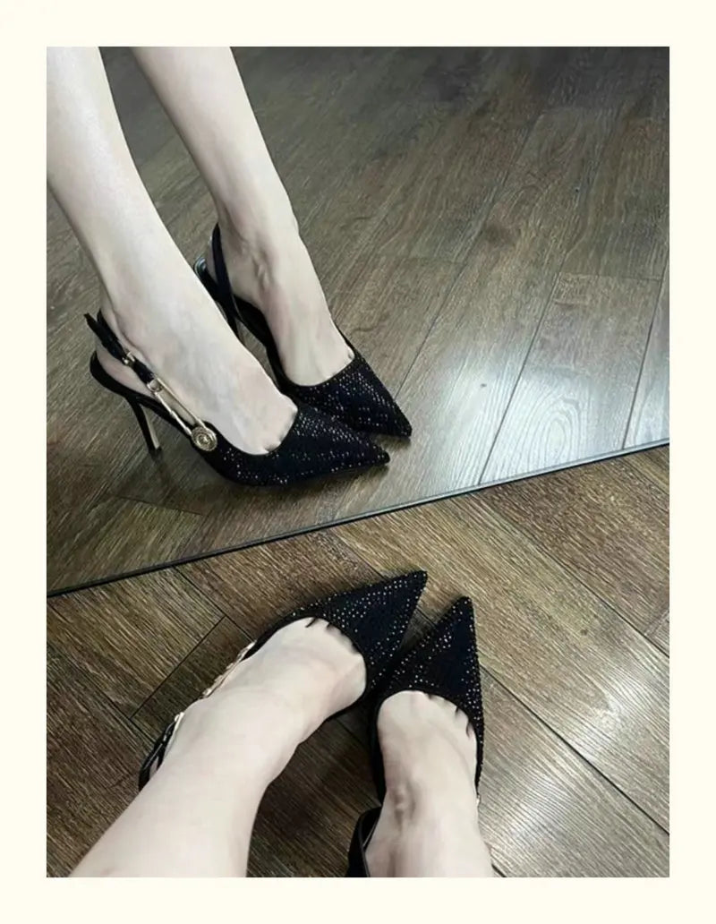 2025 Pointed-Toe Diamond High Heels For Women, Black Tight French Sexy Luxury Hollow Sandals