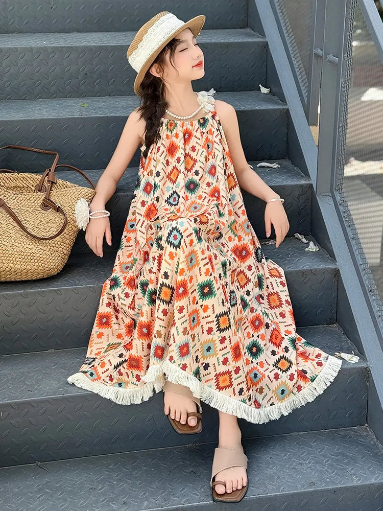 Girls' Summer Dress 2025 New Design for Children, Girls' Beach Bohemian Princess Dress for Older Kids.