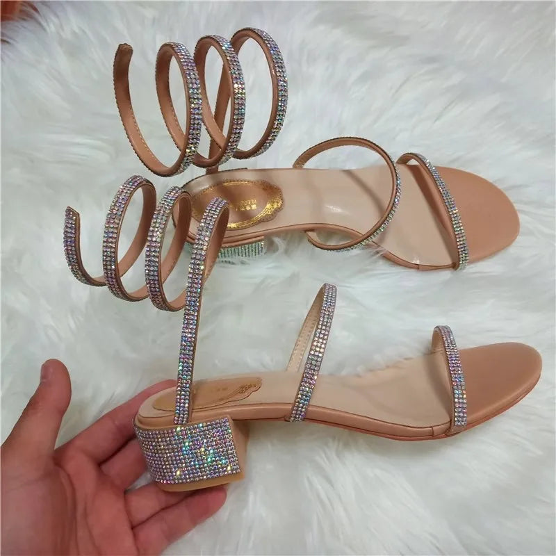 Summer Fashio 4CM Thick Heel Gladiator Sandals Women Flat Sandals Snake Punk Rhinestone Women Sandals Wedding Shoes