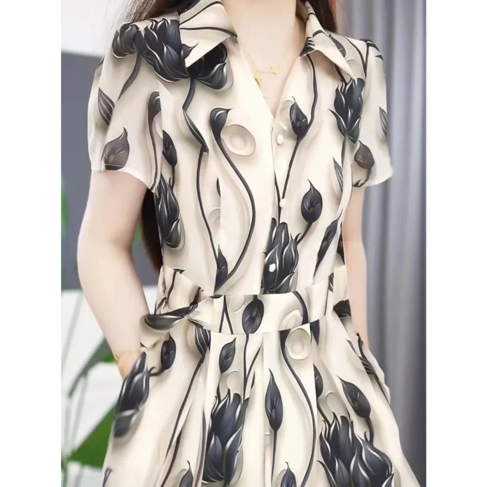 Women's Exquisite Printed Short Sleeved Dress 2024 Summer New Elegant And Beautiful Medium-length Shirt Skirt Mother's Outfit