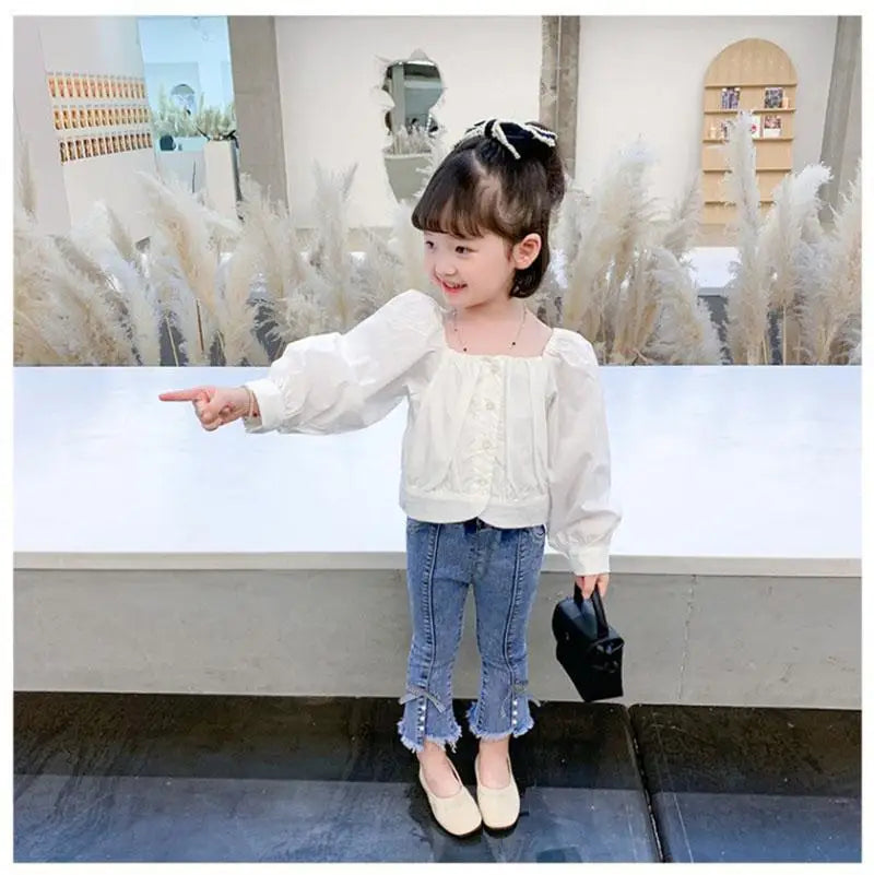 New Spring Kids Jeans Children Cute Bow Lace Denim Blue Pants Girls Embroidered Daisy Trousers
