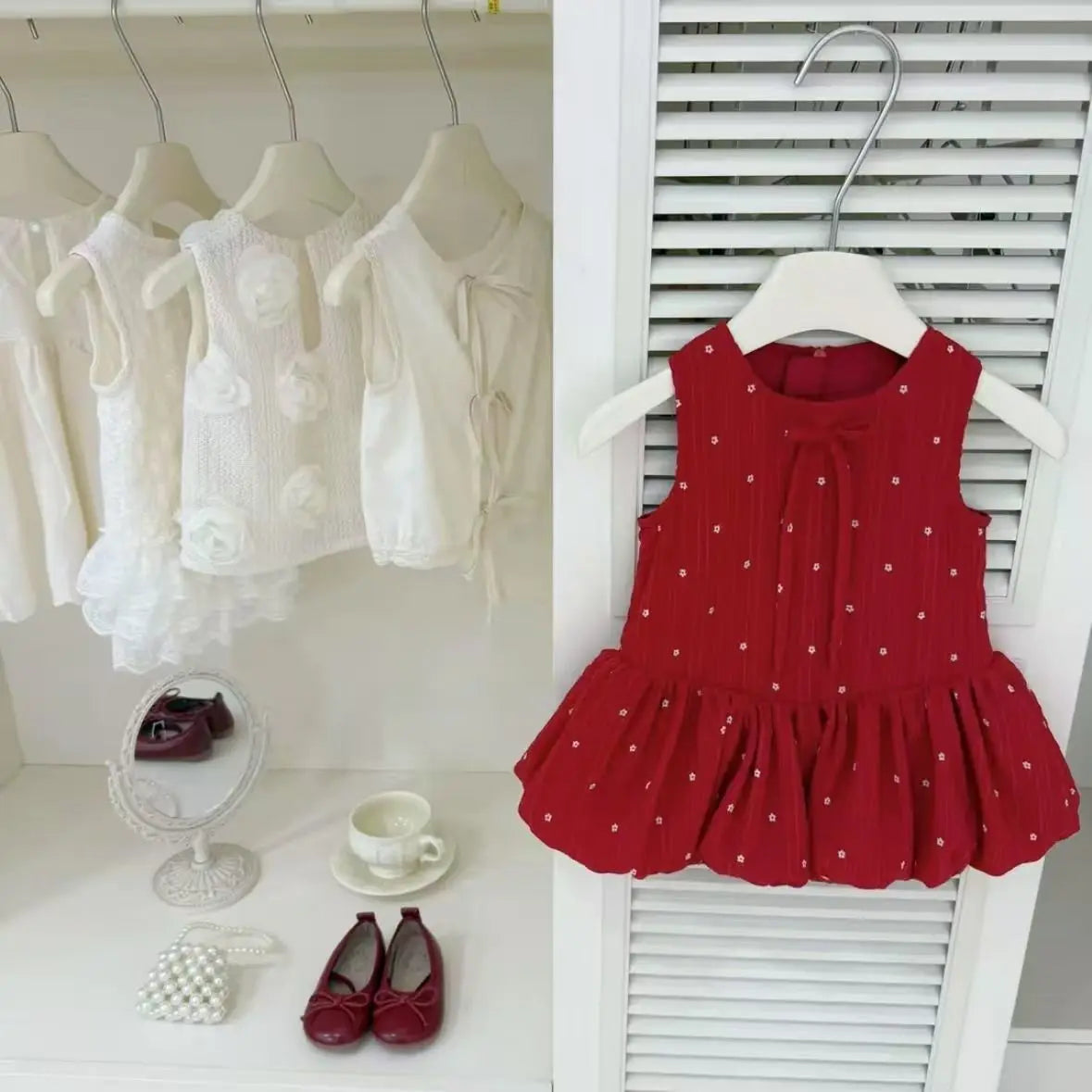 Girls Summer Dresses 2025 New Fashionable Casual Daily Sleeveless Floral Print Lightweight Red Bud Dress with Hair Band