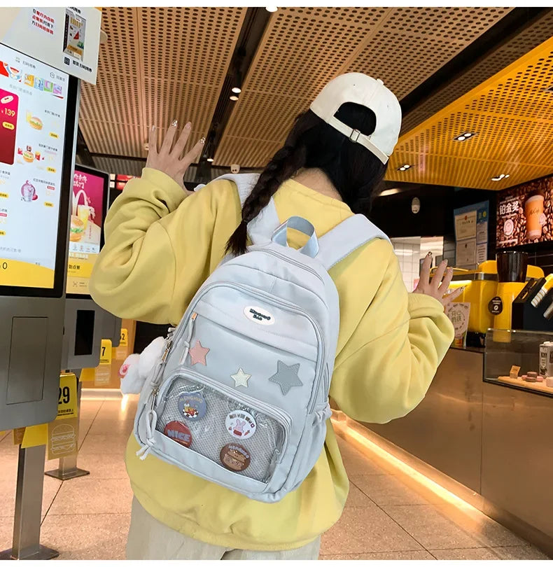 Casual Transparent Badge Large Capacity Commuter Backpack Suitable for Middle School Students Cute School Style Double Shoulder