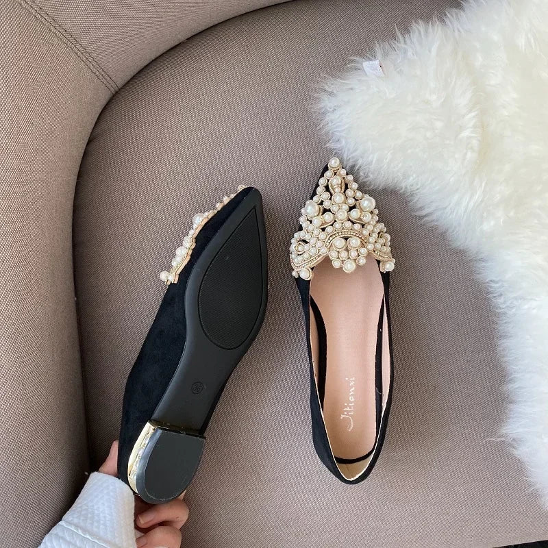 2024 Trend Pearl Ballet Flats Women Pumps Floors Shoes Without Heels Loafers Female Dress Moccasins Ladies Luxury Autumn Zapatos