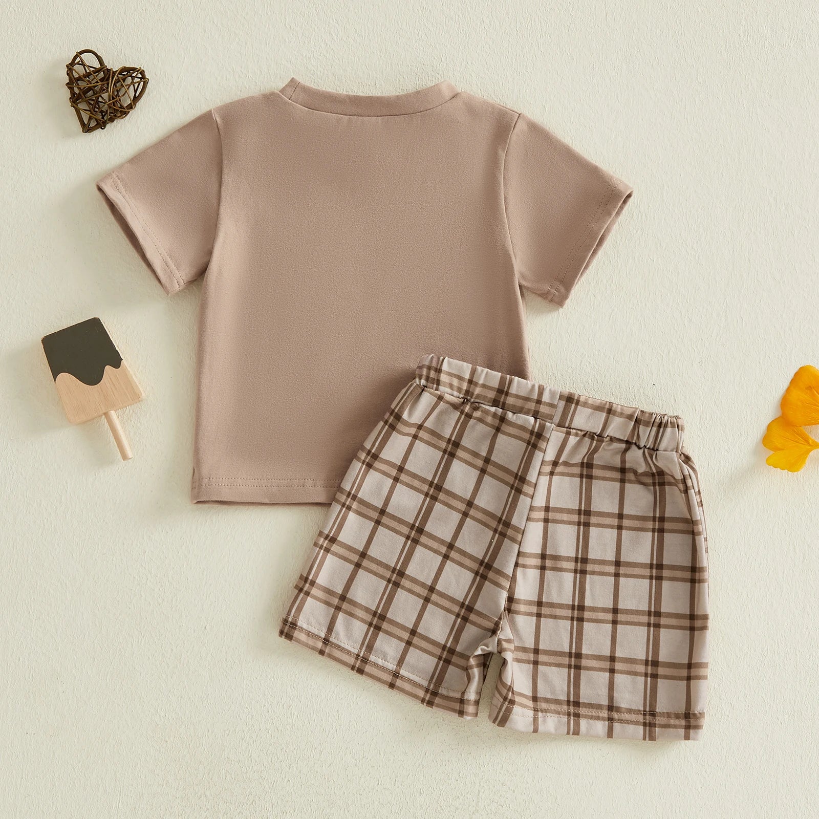 Summer Kids Toddler Baby Boys Outfits Short Sleeve Embroidery Tops Elastic Waist Plaid Shorts Clothes Set