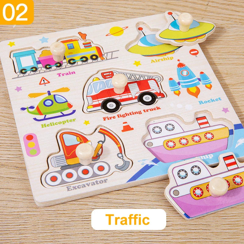 Wooden Puzzle Montessori Toys for Kids Cartoon Animal Traffic Hand Grab Boards Early Learning Educational Toys for Children