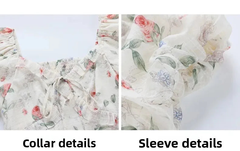 Elegant Summer Dress with Bubble Sleeves And Bellflower Pattern Slimming Empire Waist Knee-Length Polyester Fiber Short Sleeve