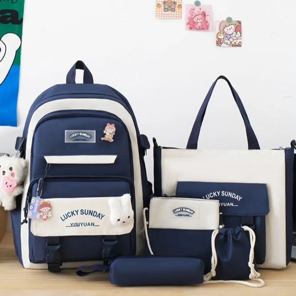 5 Pcs Cute Large Capacity Backpack Set Multifunctional Breathable Student Schoolbag Buckle Coin Purse School