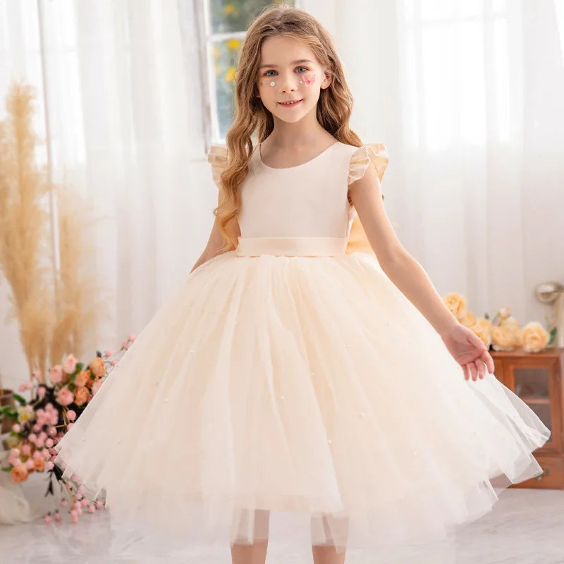 Baby Girl Party Dress Back Bow Elegant Flying Sleeve Mesh Tutu Dress with Pearl Solid Flower Girl Wedding Dress Birthday Gowns