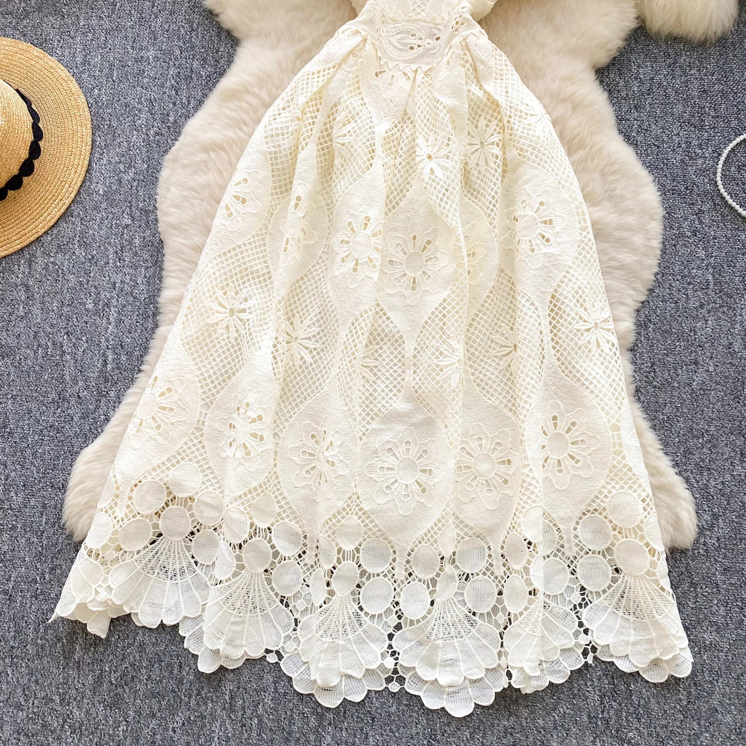 France Elegant Fashion Slim Evening Dress Women Hollow Out Lace Crochet Party Dress Female Casual Chic High End Clothing New