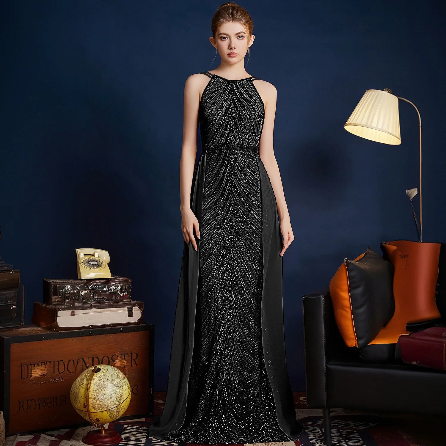 Chic High Sleeveless Sexy Backless Beading Sequined Mermaid Formal Evening Dresses Birthday Party Prom Gowns Elegant Luxury