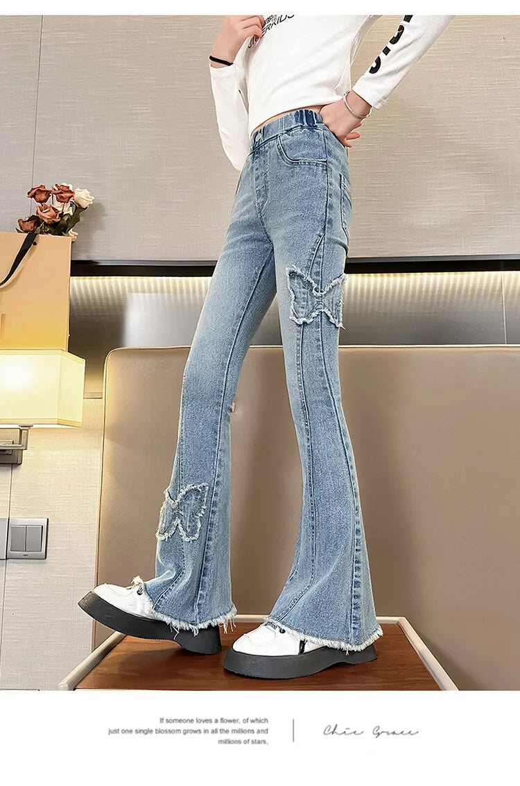 Fashion Jeans for Girls with Butterfly New Arrvial Kids Vintage Tight Denim Flare Pants 2024 Spring Autumn Teenage Slim Trousers