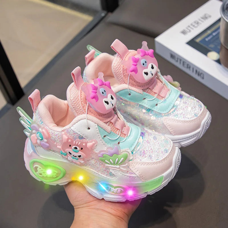 Kawaii Kuromi My melody Led Casual Sneakers Girl Cartoon Outdoors Rotating Buckle Shoes Children Led Luminous Sports Shoes