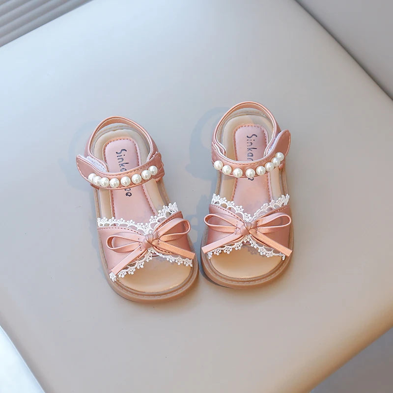 Summer Girl's Princess Shoes Lace Bowtie Open Toe Pearl Sweet Kid's Flat Shoe Solid Colors Anti-slip Chic Daily Children Shoe