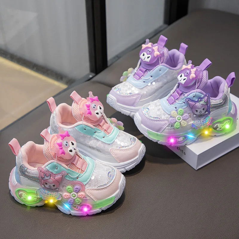 Kawaii Kuromi My melody Led Casual Sneakers Girl Cartoon Outdoors Rotating Buckle Shoes Children Led Luminous Sports Shoes