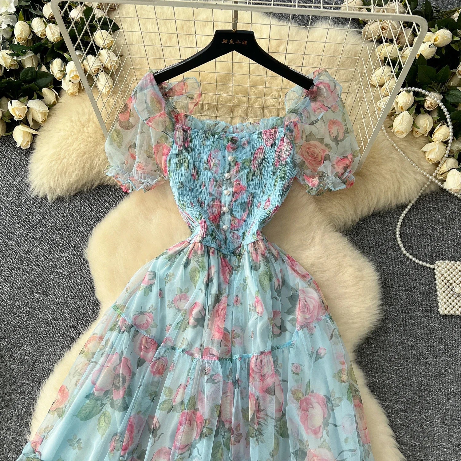 Retro Floral Chiffon Dr Women's Waist Cinched One oulder Bubble Sve Me Skirt Commute Korean Sle High Waist A-Line...