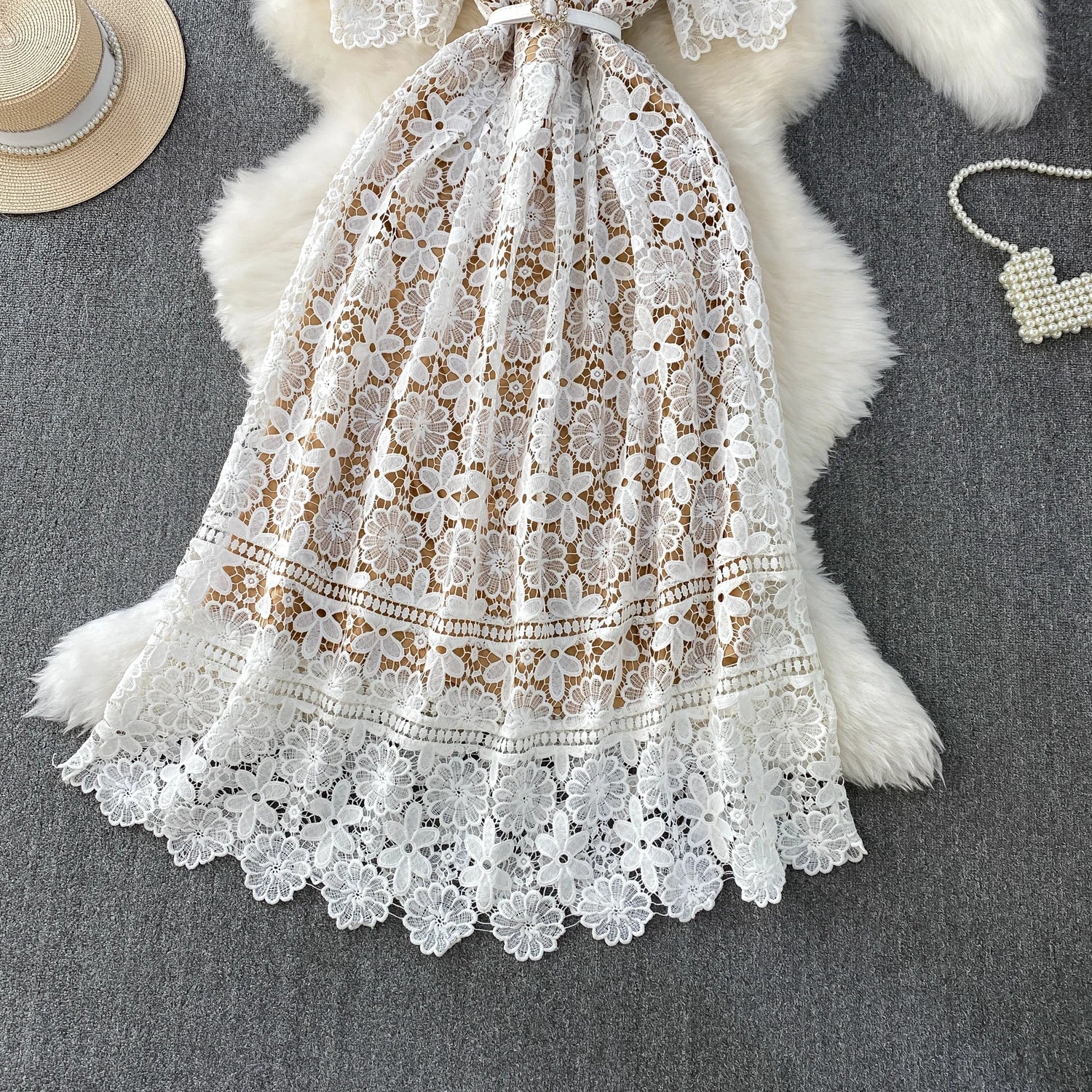 Brand Design Summer Embroidery Lace Long Dress Women Hollow Out Short Sleeve Midi Dresses Lady Belt Prom Evening Party Vestidos