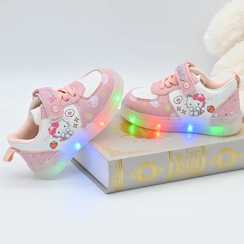 Children's Led Light Shoes Fashion Hello Kitty Girls Sneakers Cute Cartton Casual Shoes Breathable Kids Sport Shoes Gift