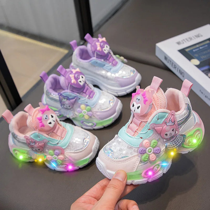 Kawaii Kuromi My melody Led Casual Sneakers Girl Cartoon Outdoors Rotating Buckle Shoes Children Led Luminous Sports Shoes