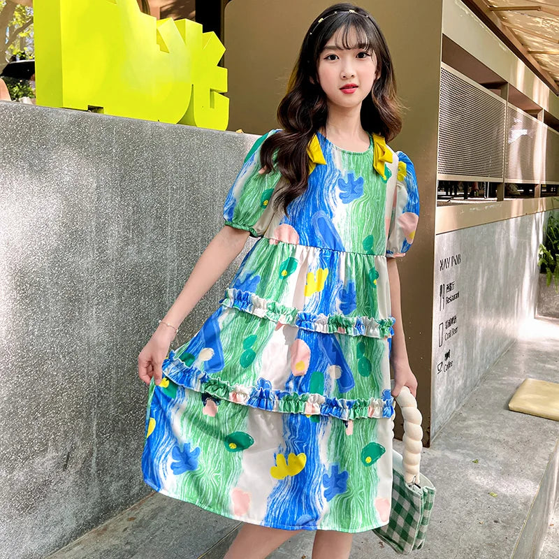 Summer Dress Girl Korean Style Sweet Floral Print Casual Kids Ruched Dresses Toddler Girls Clothes 4 5 6 7 8 9 10 12 14 Year Old