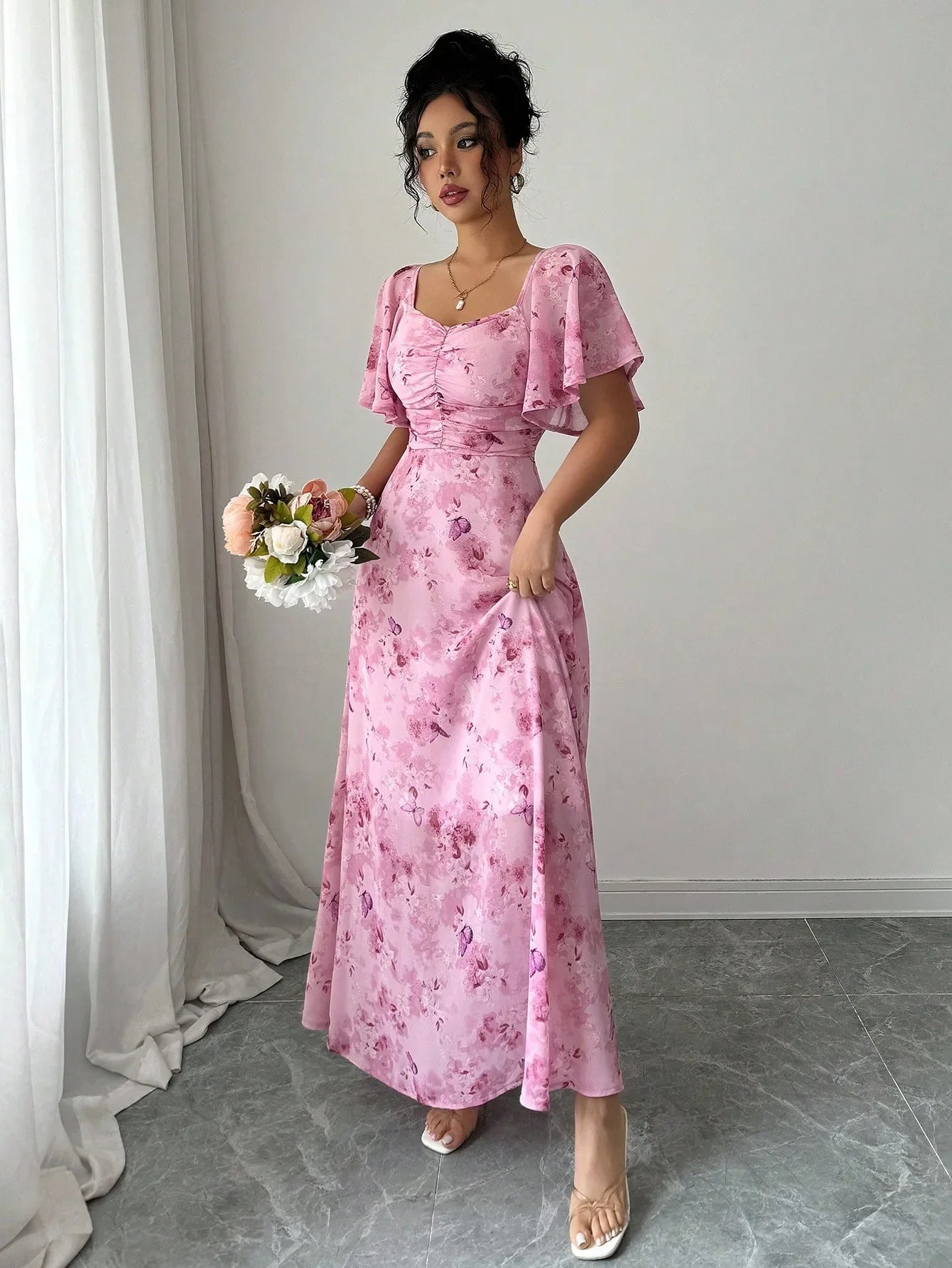Fashionable Long Floral Print Dress Women's New Summer Slimming Age-Defying Dress Empire Waist Bubble Sleeve Knee-Length