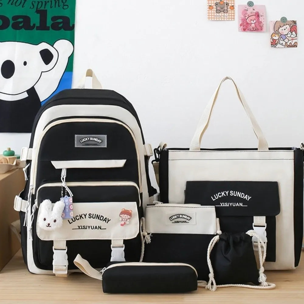 5 Pcs Cute Large Capacity Backpack Set Multifunctional Breathable Student Schoolbag Buckle Coin Purse School
